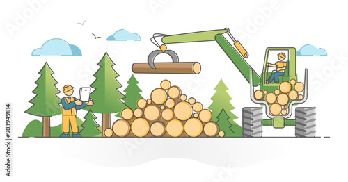 Logging wood as professional industrial forest cut process outline concept, transparent background.Tree pile loading using heavy machinery operator illustration.