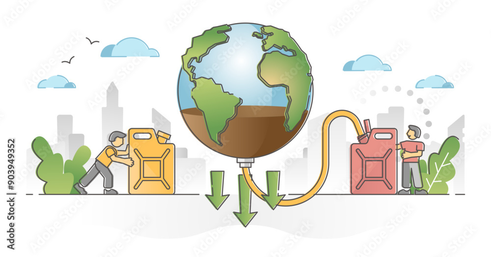 Naklejka premium Natural resources depletion and planet reserves exhaustion outline concept, transparent background. Ecosystem destruction with oil consumption industry illustration.