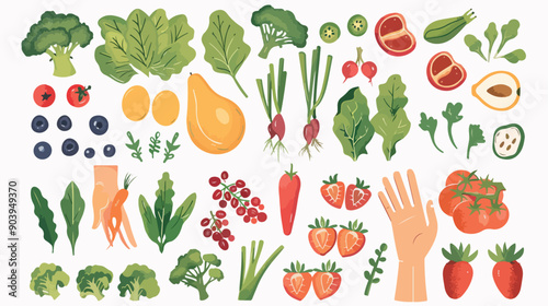 Vegan Vector Isolated Icons with Vegetables Fruits