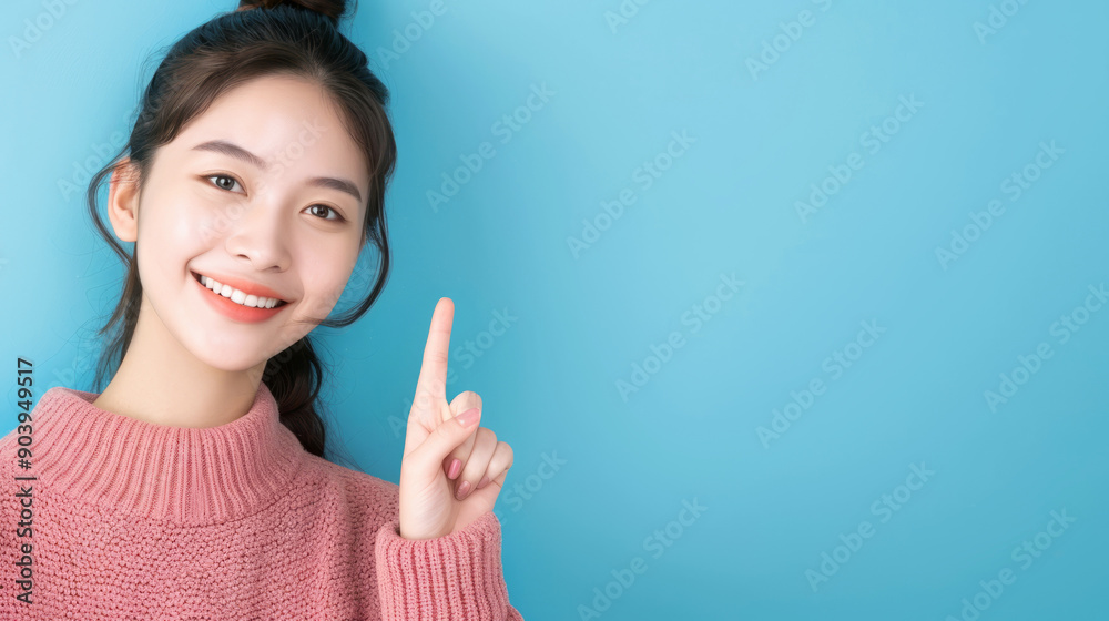 A pretty smiling young Asian woman in casual clothes pointing her finger at an empty space on a blue background. A pretty smiling young Asian woman in casual clothes pointing her finger at an empty space on a blue background.