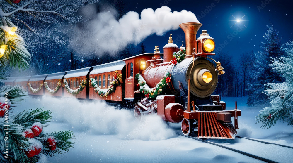 Fairy locomotive in holiday postcard style. Merry christmas and happy new year concept Fairy locomotive in holiday postcard style. Merry christmas and happy new year concept