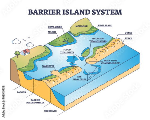 Barrier island systems as dune type and coastal landforms outline diagram, transparent background. Labeled educational beach.