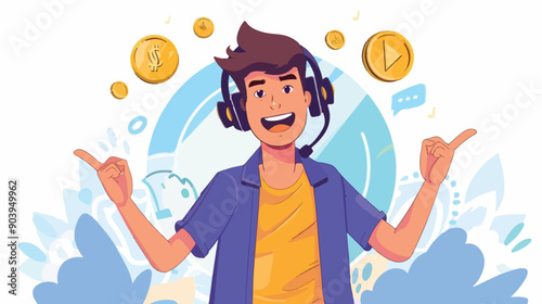 Professional Video Blogger with Gold Button Listening to Music with Headphones