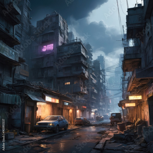 cyberpunk. A city street with a neon sign that says. The street is wet and there are cars parked on the side. Scene is dark and desolate