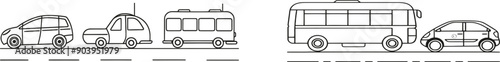 Set of continuous line drawings depicting public and personal transport. Includes trolleybus, shuttle bus, auto, crossover, four-by-four.