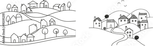 Drawing of a rural landscape using a continuous one line. Hand-drawn silhouette of a lake house in the woods. A panoramic sketch of country nature. Simple contour illustration of a village with
