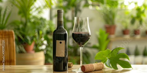 Glass of biodynamic wine, uncorked bottle, biodynamic certification label photo