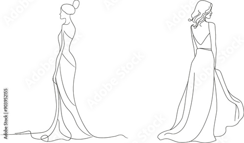 Wedding dress drawing in one continuous line. One line of a bride dressed for wedding. Marriage concept. Beautiful woman dressed in dress. Modern illustrator.