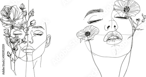 A woman with flowers on a poster. An art drawing of a flower face woman. Flower Face Woman Modern Illustration.