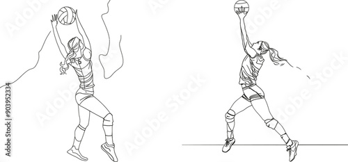 The drawing depicts a young female volleyball player in action on the court. The concept of a healthy competitive team sport in a modern illustration graphic is captured in a single continuous line.