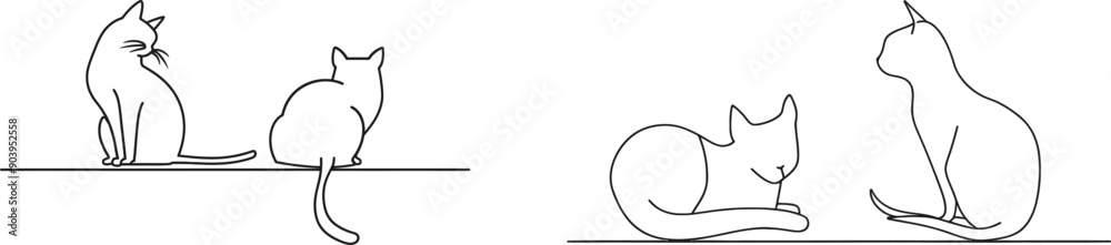 This is a continuous one line drawing of two cats in a minimalism style. Cute cat animals mascot concept for a pedigree-friendly pet icon. The concept of friendly, pets, veterinary. This is a continuous one line drawing of two cats in a minimalism style. Cute cat animals mascot concept for a pedigree-friendly pet icon. The concept of friendly, pets, veterinary.