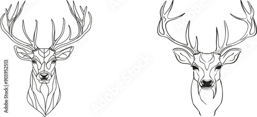 Reindeer. Continuous one line drawing on white background. Hand drawn sketch minimalism design of Christmas animal symbol.