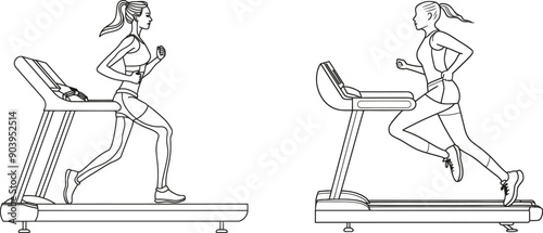 This is a one line drawing of a young energetic woman running and walking on a treadmill at a gym fitness center in a modern illustration. The concept of a healthy lifestyle sport is presented in