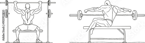 A single continuous line drawing showing a young sporty man lifting a barbell on bench press in a sport gym club center. The fitness stretching concept is in the background. A trendy one-line drawing