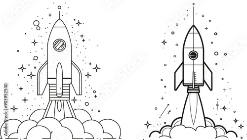 Rocket launch fly into the sky universe. Retro spacecraft rocketship concept. Trendy one line draw design.