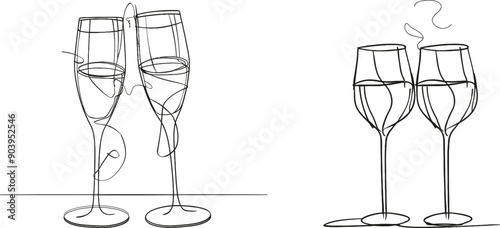 Continuous line drawing style of glasses clinking on white. A minimalist design of black linear lines isolated on white.