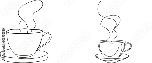 Continuous one line drawing of a cup of coffee with steam Modern minimalist linear illustration made of thin lines