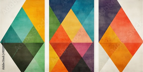 An abstract geometric art canvas set with dark orange and turquoise colors. Vintage poster design. Illustration.