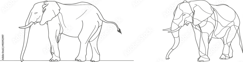 A silhouette of an elephant walking and playing. One line drawing. A silhouette of an elephant walking and playing. One line drawing.