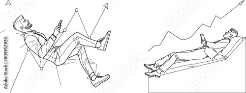 An illustration of a young smart investor lying down relaxing on an up arrow symbol. Investment stock growth minimal concept. Modern continuous line design graphic modern illustration.