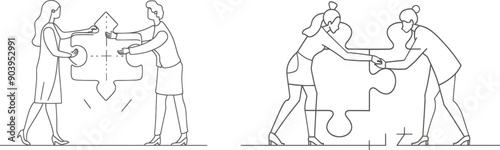 In one continuous line drawing, two young female managers push a puzzle to build up an arrow building. A metaphor to represent teamwork. Minimalist concept you can draw in one line.