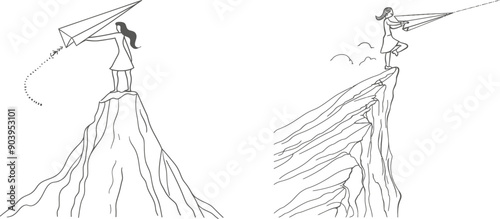 Female worker jumping from paper plane across mountain. Modern graphic illustration with single line draw design.