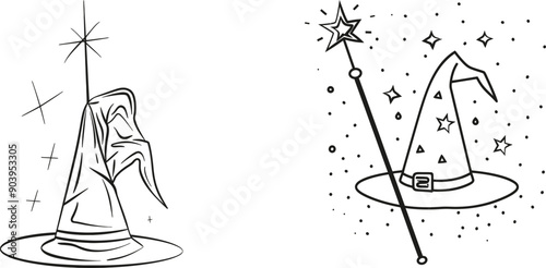 It is a graphic design of a single continuous line drawing with a magic hat and wand for a magic show. These are traditional tools that every magician needs for a magic show.