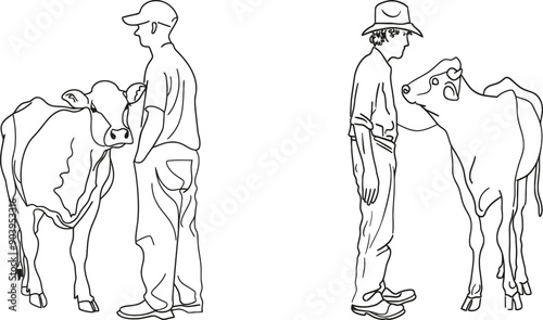 The single line draw design of the modern graphic illustration illustrates a young male farmer rubbing a cow while carrying a bucket of water. Successful farming activities of a minimalist concept.