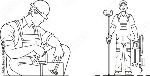 In this illustration, a carpenter with a gesture okay works at his workshop and uses carpentry tools to make wooden products. A continuous line design illustrates how to work with carpentry tools.