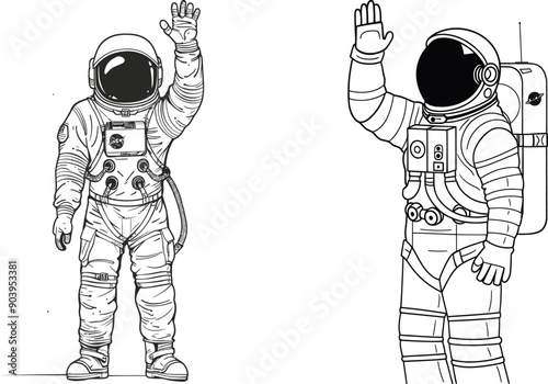 One-line drawing showing male astronauts wearing spacesuits as they explore outer space in search of the secrets of the universe. Illustration in continuous line style.