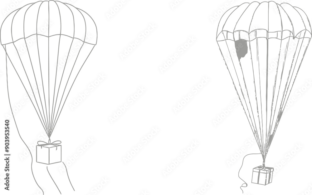Obraz premium A single continuous line drawing of a box package flying through the sky using a parachute. Online delivery service concept. Package delivery concept. Modern one-line illustration with dynamic