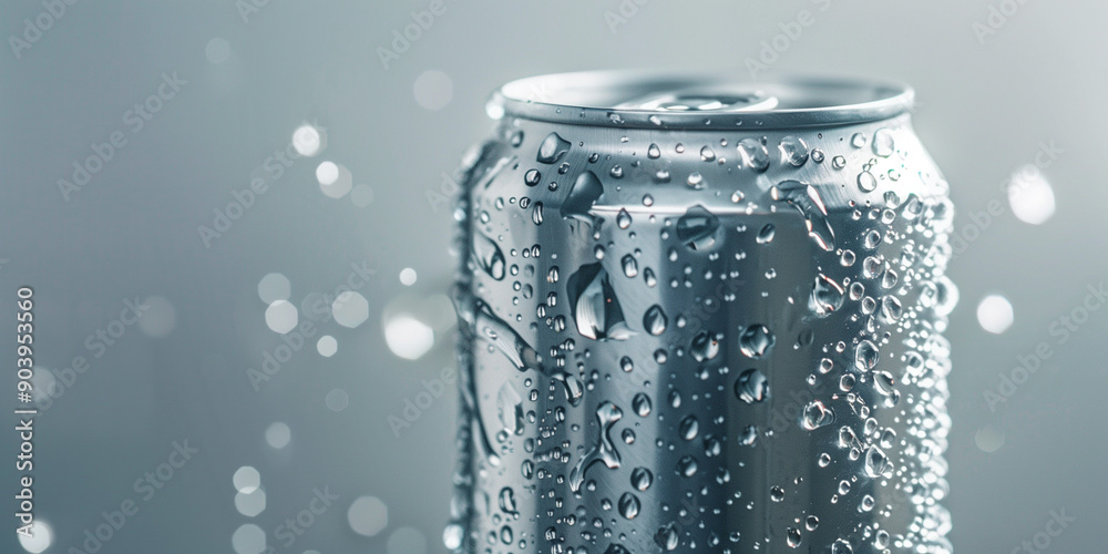 Aluminum can of sparkling water against plain background with condensation droplets Aluminum can of sparkling water against plain background with condensation droplets