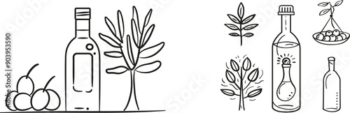 Olives continuous line. Line art glass bottle of olive oil, tree and branch, cooking ingredient.