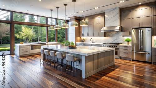 Modern luxury kitchen interior with vast island, rich wooden flooring, and sleek appliances, featuring ample natural light and copious copy space in a refined minimalistic setting.