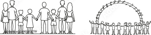 Young children holding hands in continuous one line drawing. Friendship concept. Happy cute kids in unity.