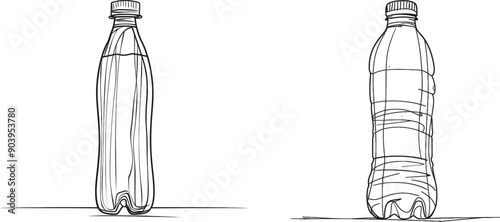 A minimalist design pair of mineral water bottles isolated on white background. The concept of a healthy lifestyle. Fresh summer drinks. Modern plastic bottles of water.