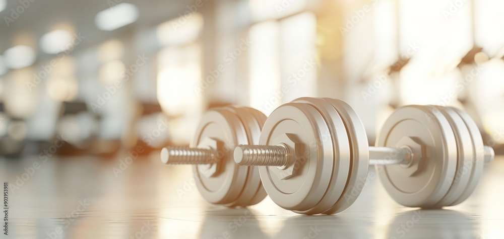 Close-up of dumbbell in a modern gym setting with bright sunlight. Focus on fitness and strength training equipment. Close-up of dumbbell in a modern gym setting with bright sunlight. Focus on fitness and strength training equipment.