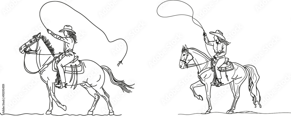 Fototapeta premium Single line illustration of cowboy riding horse and throwing rope lasso. Cowboy on bucking horse running with lasso in continuous line design.