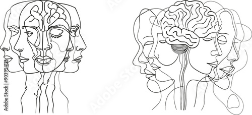 Continual line drawings of mental disorders, abstract concepts showing various mental disorders, and human head sketches that show personality disorders or mental illnesses.