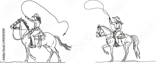 Single line illustration of cowboy riding horse and throwing rope lasso. Cowboy on bucking horse running with lasso in continuous line design.