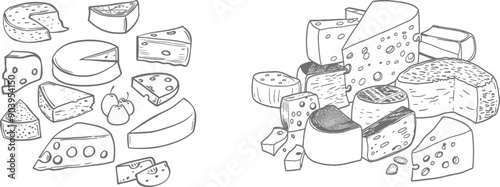 Cheese pieces continuous line drawing set. The drawing includes: parmesan, gouda, mozzarella, roquefort, hard cheese pieces, and other dairy produce.