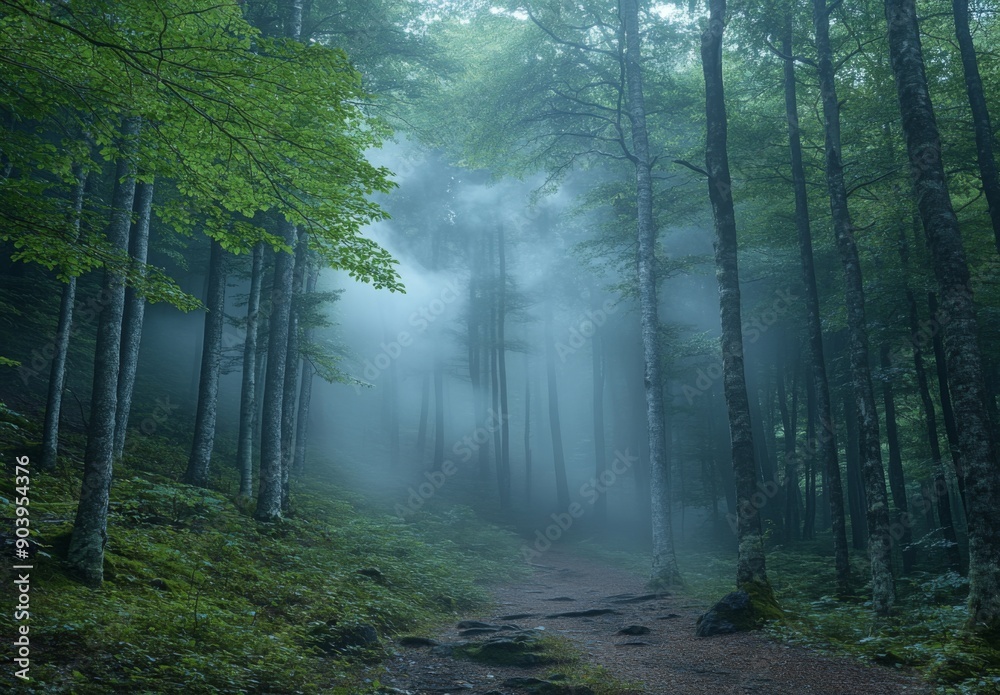 Fototapeta premium A tranquil forest with morning fog gently enveloping the trees, casting a soft, diffused light over the landscape