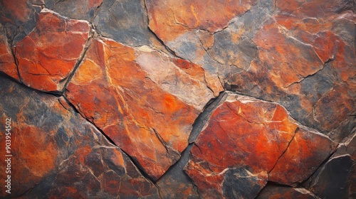 Against a gray wall is a red square stone plate with copy space. photo