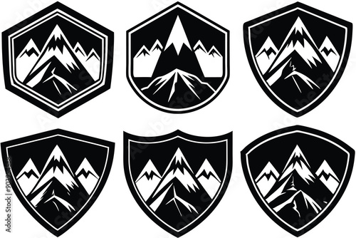 Mountain badge vector silhouette featuring a range of peaks and ridges, perfect for outdoor adventurers and nature enthusiasts.