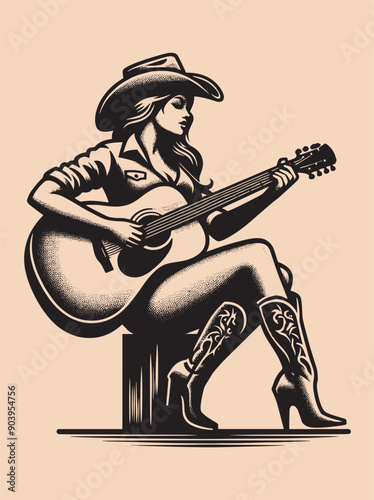Beautiful young cowgirl woman plays the guitar. Engraving vintage vector illustration, monochrome black color. Woodcut	