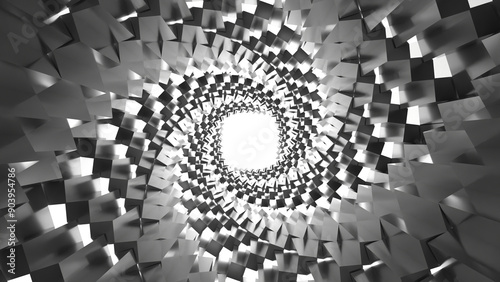 3D grayscale rendering of abstract geometric spiral structure. A simple, minimal, and modern or contemporary background or wallpaper	
