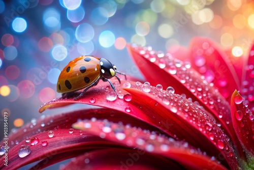 Vibrant ladybug perches on delicate red flower petal adorned with sparkling water droplets, set against a gentle blurred background, showcasing nature's subtle beauty. photo