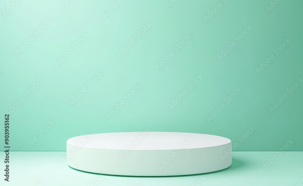 An empty white podium displays a product against a light green background. An empty white podium displays a product against a light green background.