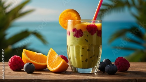 Glass of Uvaia Smoothie on Wooden Table photo