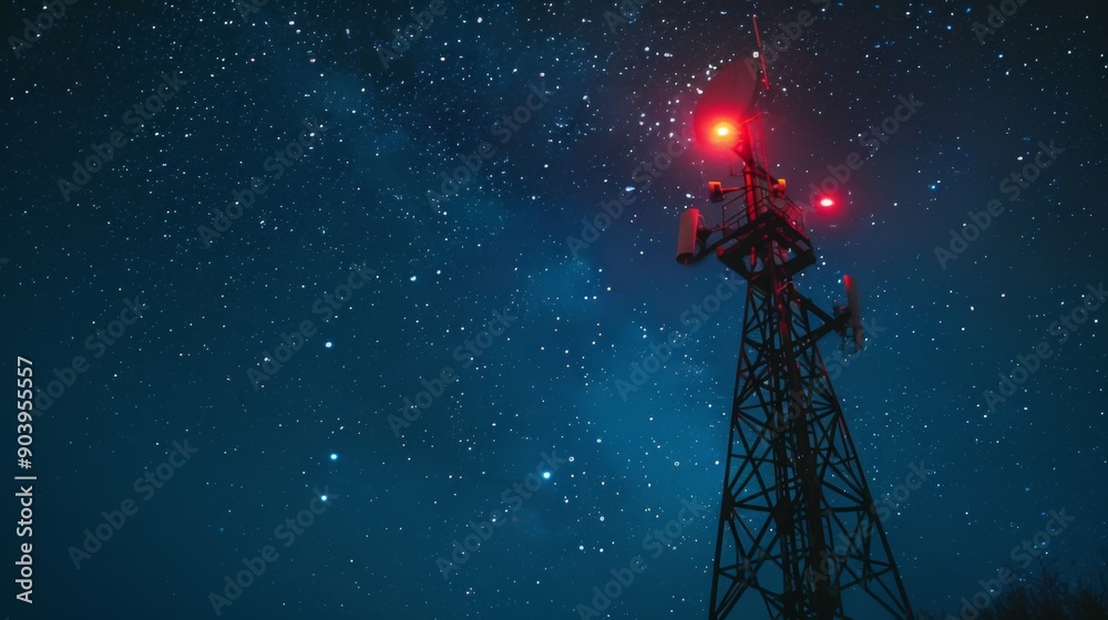 A signal tower with lights shining brightly in the night, with stars visible in the background. A signal tower with lights shining brightly in the night, with stars visible in the background.